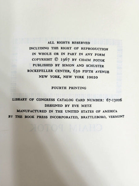 1967 THE CHOSEN Chaim Potok 1st Ed 4th Print Hardcover Dust Jacket