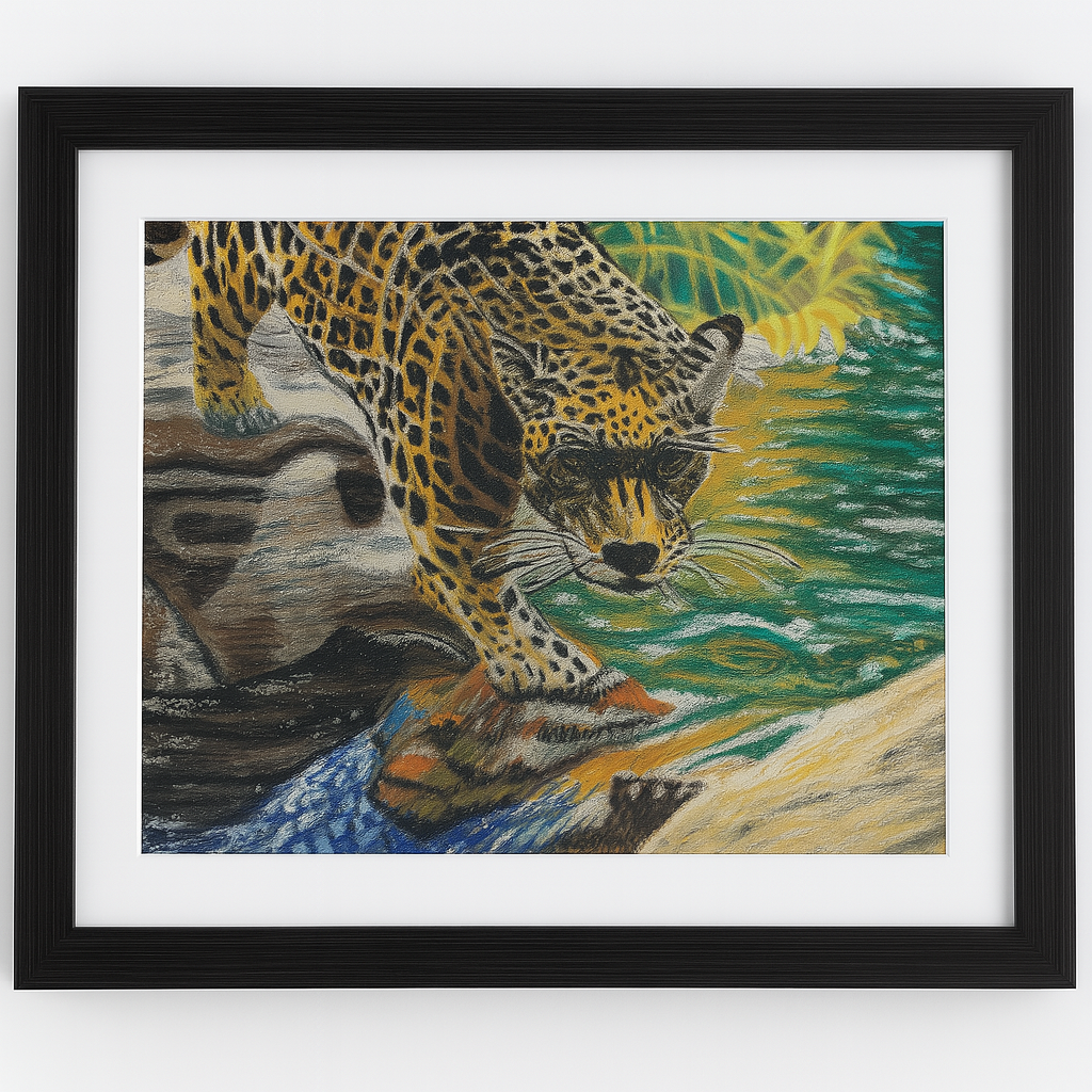 “River Watch: Jaguar in the Flow” – Original Pastel Art, Matted 16x20