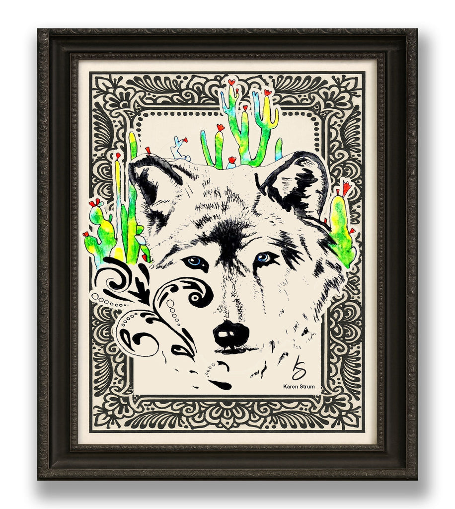 Mystic White Wolf Desert Print – Alchemist-Inspired Watercolor Art with Cacti