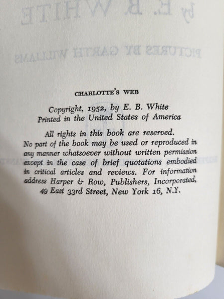 1952 CHARLOTTE'S WEB E.B. White Book Club Edition  Hardcover Dust Jacket