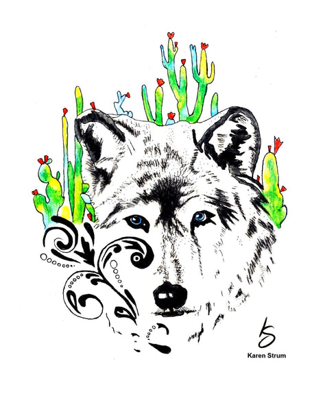 Mystic White Wolf Desert Print – Alchemist-Inspired Watercolor Art with Cacti