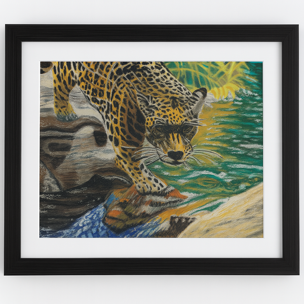 “River Watch: Jaguar in the Flow” – Original Pastel Art, Matted 16x20