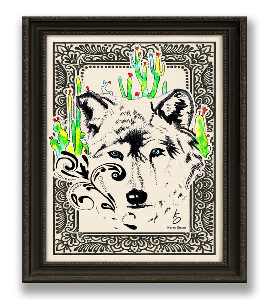 Mystic White Wolf Desert Print – Alchemist-Inspired Watercolor Art with Cacti