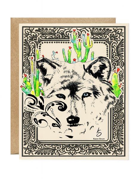 Mystic White Wolf Desert Print – Alchemist-Inspired Watercolor Art with Cacti